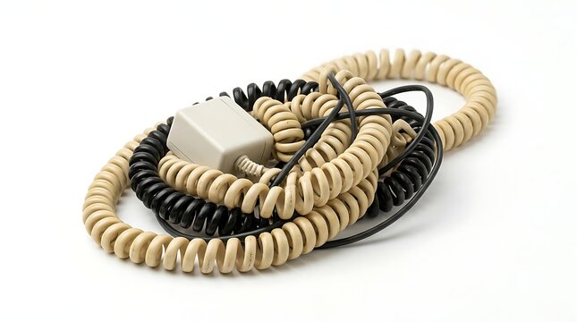 Vintage coiled telephone cords in beige and black, tangled retro spiral phone cables on white background, old analog telecommunication hardware, messy pile of elastic handset wires
