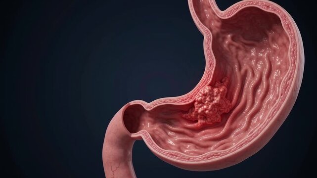 Stomach anatomy detailed inner tissue structure showing cancer tumor growth inside digestive organ medical illustration for disease health education and research visualization