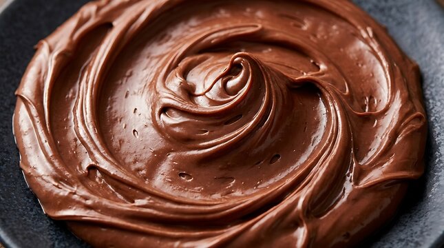 Creamy melted chocolate swirl spread in a circular pattern on a dark surface for a delicious sweet dessert food texture