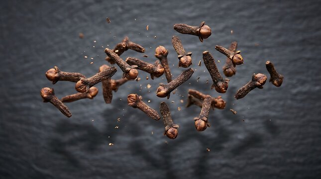 A group of dry whole clove spices scattered on a dark black textured surface for cooking and seasoning food