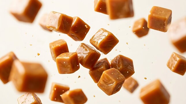 Delicious sweet caramel candy cubes falling and flying in the air as a tasty snack for dessert or baking ingredients