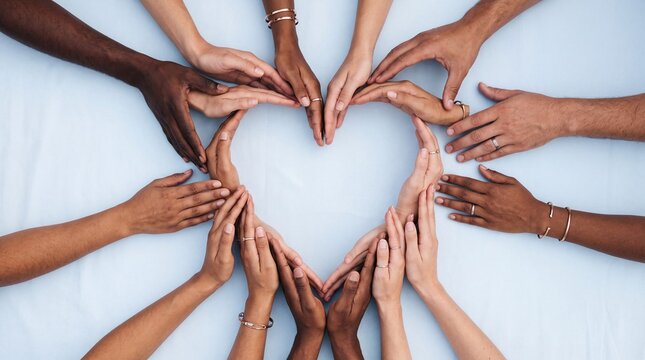Diverse hands forming a heart shape representing unity and equality on a blue background