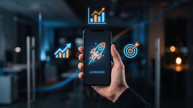 Hand holding smartphone with app launch rocket icon, startup business growth, marketing success target, sales increase bar chart, mobile application development
