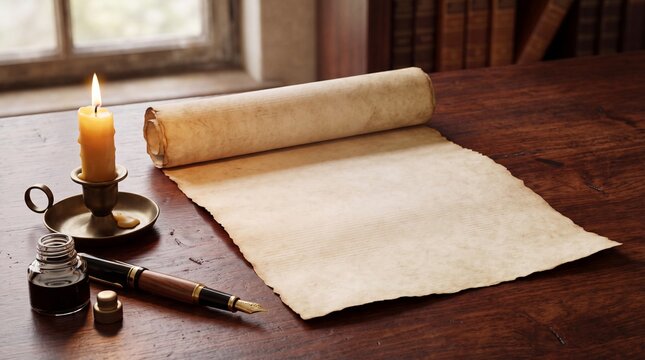 Vintage parchment scroll with a lit candle and inkwell on a wooden desk