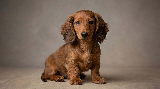 Cute long haired dachshund puppy sitting and looking at the camera with a calm expression in a professional studio