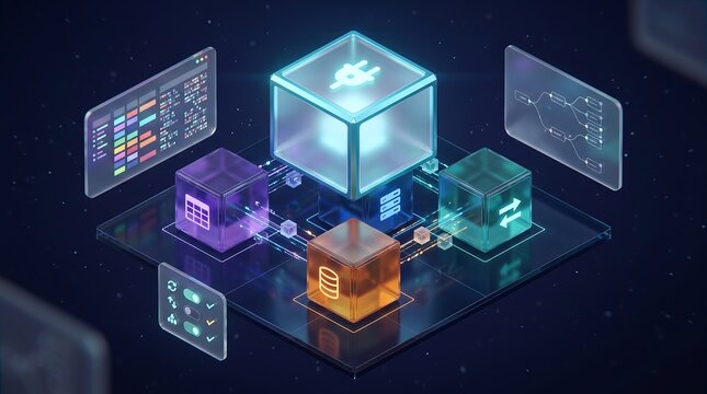 Futuristic blockchain technology concept with glowing isometric data cubes, digital network infrastructure visualization, 3D cloud computing and big data storage for tech business
