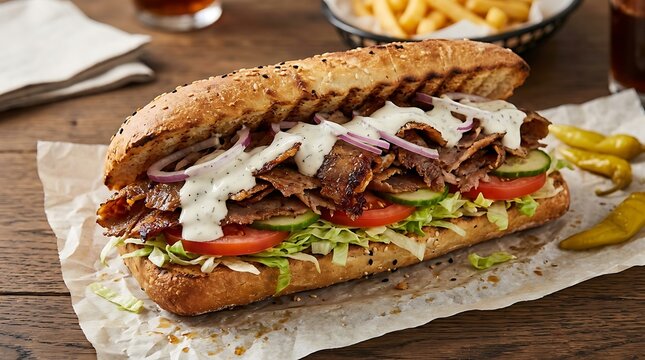 Fresh delicious doner kebab sandwich with sliced meat vegetables and white sauce on a rustic wooden table background