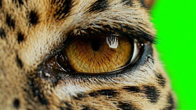 Extreme close up of wild feline eye blinking on green screen