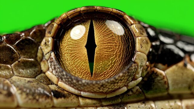 Extreme close up of reptile eye with golden iris on green screen