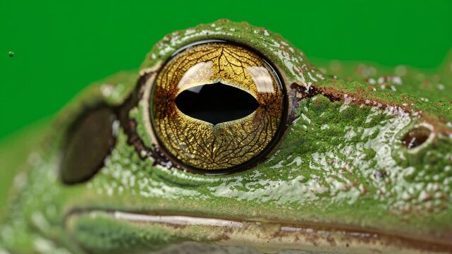 Extreme close up of a wild animal eye blinking against a green screen background