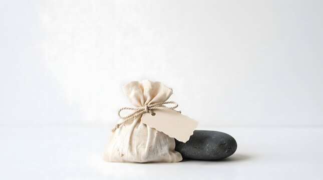 An eco-friendly unbleached cotton drawstring pouch paired with a smooth natural river stone on a sandy surface, ideal for sustainable wellness branding.