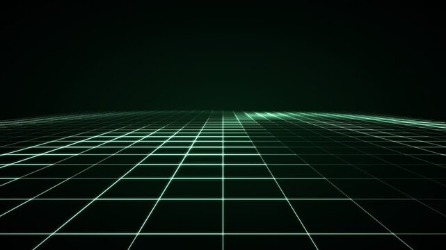 Futuristic digital grid landscape with glowing neon lines receding into darkness, representing data flow and virtual reality