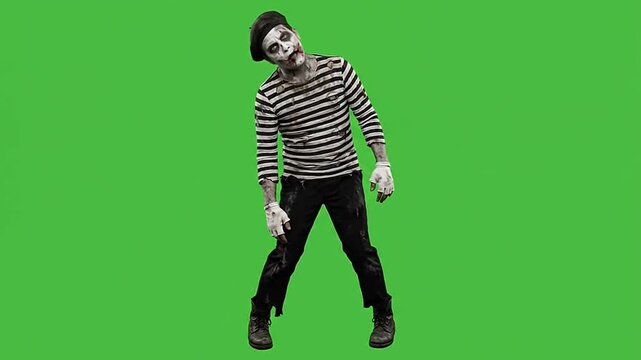 Halloween zombie mime man walking and posing on green screen background