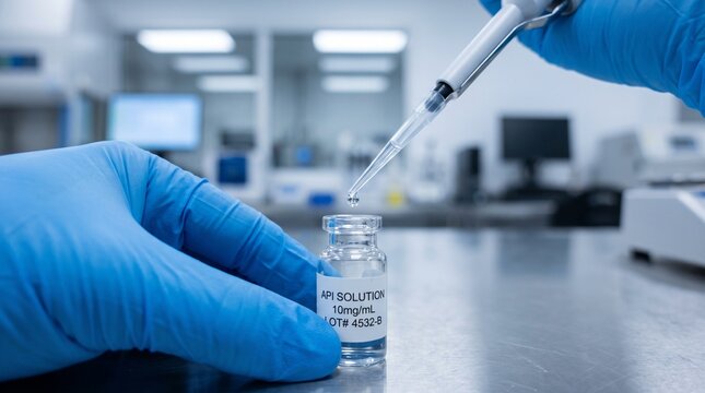 A lab technician in blue gloves precisely transfers API solution into a small vial using a pipette. Essential for drug development, quality control, and scientific research.