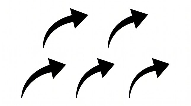 Set of five black curved arrows pointing upwards isolated on a clean