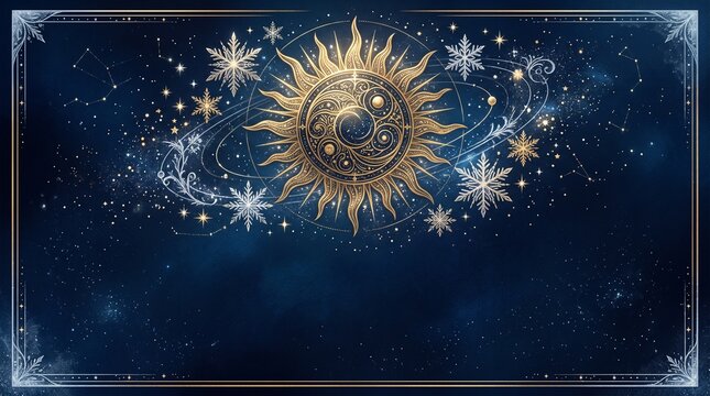 Mystical golden sun and stars in a cosmic blue night sky background