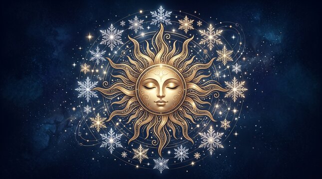 Golden sun with serene face surrounded by sparkling snowflakes and stars