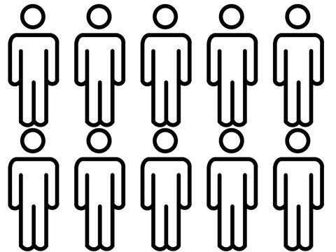 Ten black linear outline icons of standing people arranged in a row, representing human figures, user interfaces, community, teamwork, group interaction, and social connections