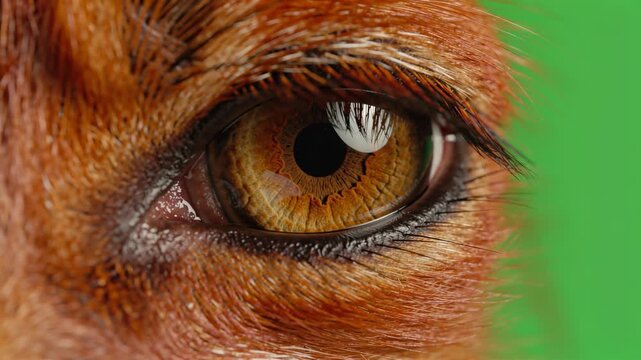 Extreme close up of wild animal eye opening with green screen background