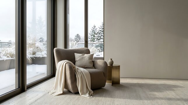 A cozy armchair sits near a large window overlooking a snow covered winter landscape