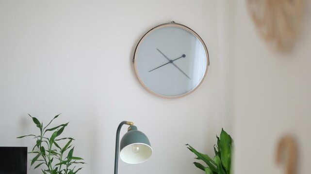 A clock hanging on the wall inside a room adorned with plants and a lamp