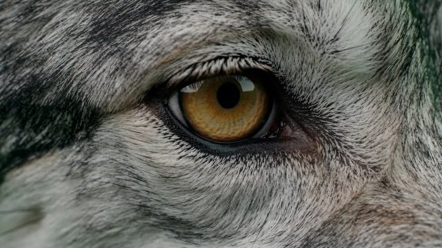 Extreme close up macro shot of wild wolf eye with amber iris and fur