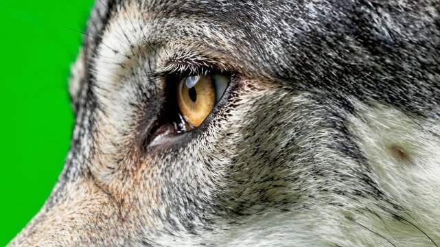 Extreme close up of wild animal eye blinking on green screen
