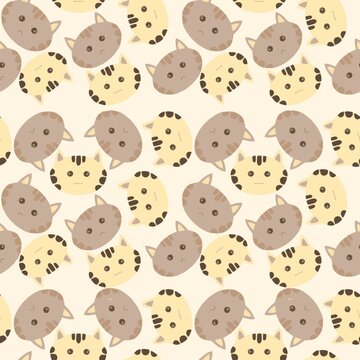 Seamless repeating pattern of cute illustrated cat faces in soft yellow and taupe on a cream background