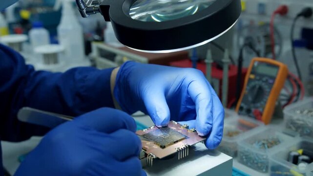 Quality control engineer inspecting a microchip in an electronics lab