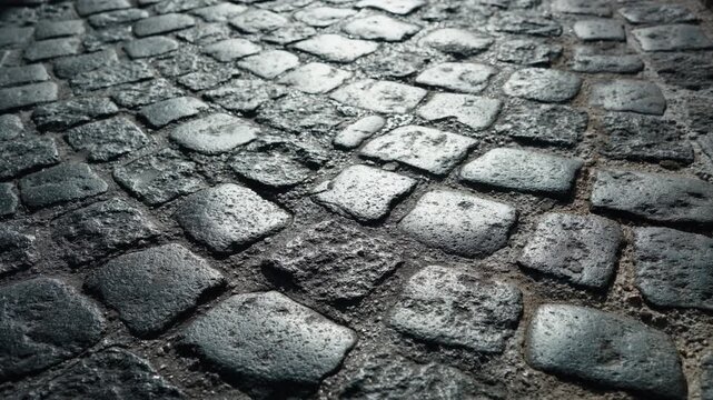 Close up of old cobblestone pavement with shadows of passing people in Split, Croatia