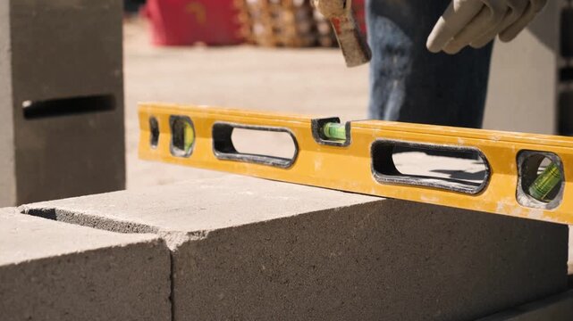 Carpenter Using Bubble Level Construction Tool, Close Up