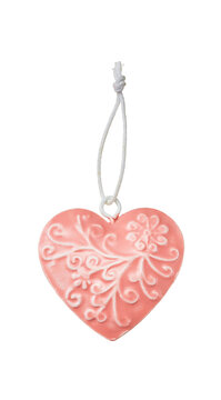 Pink Heart Shaped Hanging Ornament with White Arabesque Embossed Pattern on White Background