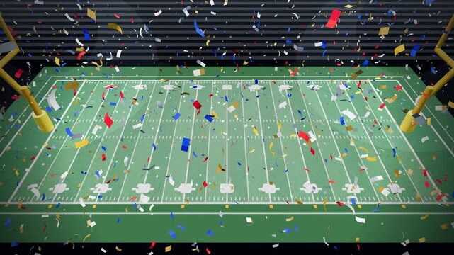 Cinematic elevated high-angle shot of thousands of championship celebration confetti fluttering down over an empty football stadium field during victory celebration, showcasing rich metallic gold