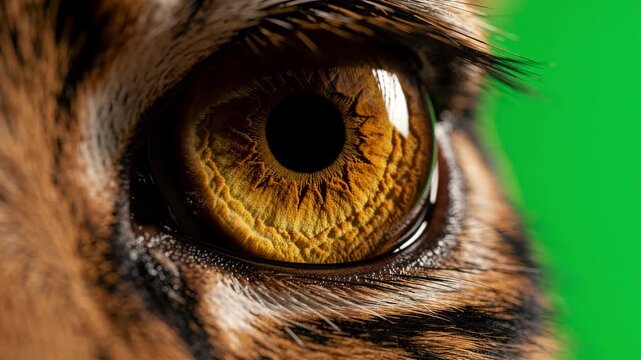 Extreme close up shot of wild feline predator eye with green screen