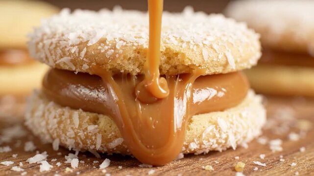 Decadent alfajor cookie filled with flowing dulce de leche and coconut.