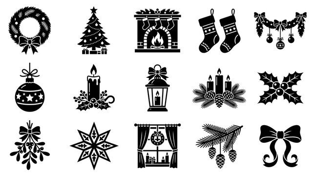 A collection of black and white christmas icons featuring holiday decorations like wreaths trees stockings candles and festive seasonal ornaments