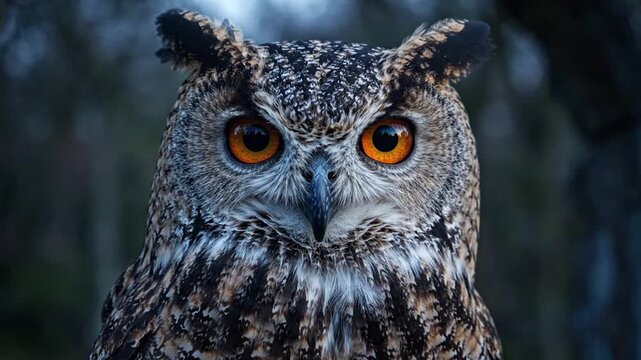 Intense Gaze of a Majestic Owl Perched in a Dark Forest