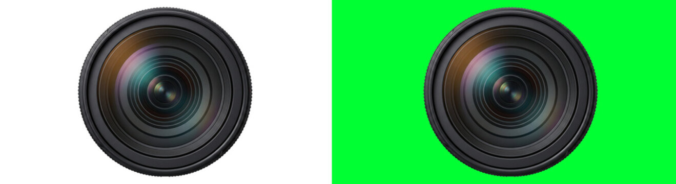Professional camera lens isolated on transparent and chroma key green background for photography equipment and design concepts.
