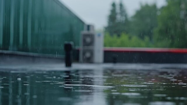 Gentle raindrops fall on a flat roof creating ripples in shallow water