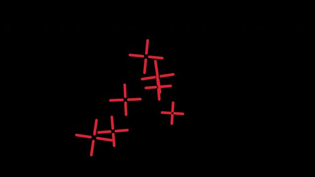 Abstract animation of red cross shapes multiplying and spreading on a black background, representing growth or data visualization