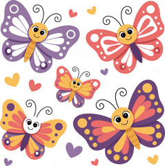 Fototapeta premium Cute cartoon butterflies with smiling faces in purple, pink and orange colors with hearts, flat vector illustration set for kids, spring and nature concept