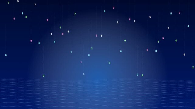 Digital binary code rain animation with falling numbers and abstract neon lines against blue cyber background video