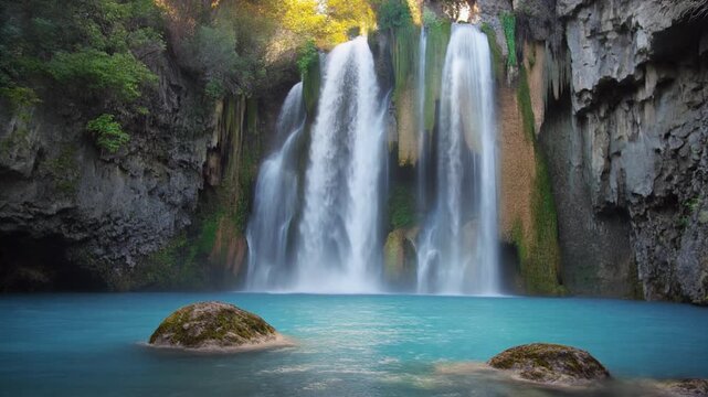 Serene waterfall cascades down lush green cliffs into a tranquil turquoise pool with sunlit mist in a tropical jungle