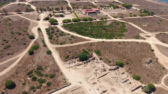 Paphos Archaeological Park, Cyprus. Revealing Drone View of Remains of Ancient City Buildings