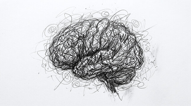 Abstract scribble brain drawing representing mental health chaos confusion and complex cognitive thoughts