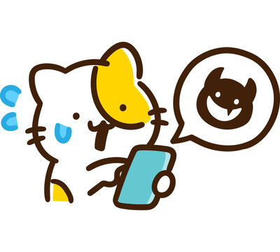 怪しい通知を見て手を止めて焦るかわいいねこのキャラクターのデフォルメイラスト
