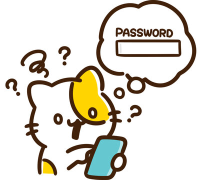 スマホで使っているサービスのパスワードを忘れてしまいログインできずに困っているかわいいねこのキャラクターのデフォルメイラスト