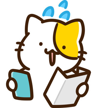 書類の申請を初めてスマホを使ってやろうとしているかわいいねこのキャラクターのデフォルメイラスト