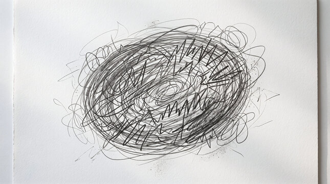 Abstract graphite pencil sketch of a chaotic quantum field scribble with a quark emerging from the center on white paper