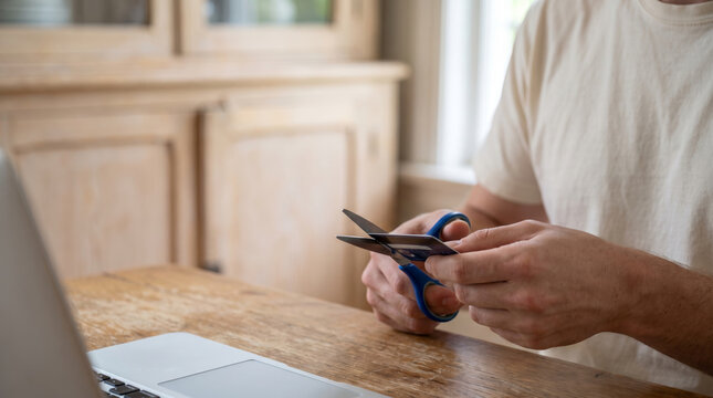 Person holding scissors cutting credit card beside laptop. Finance crisis recession problem. bankruptcy bankrupt destroy loss, debt loan pay spending poverty